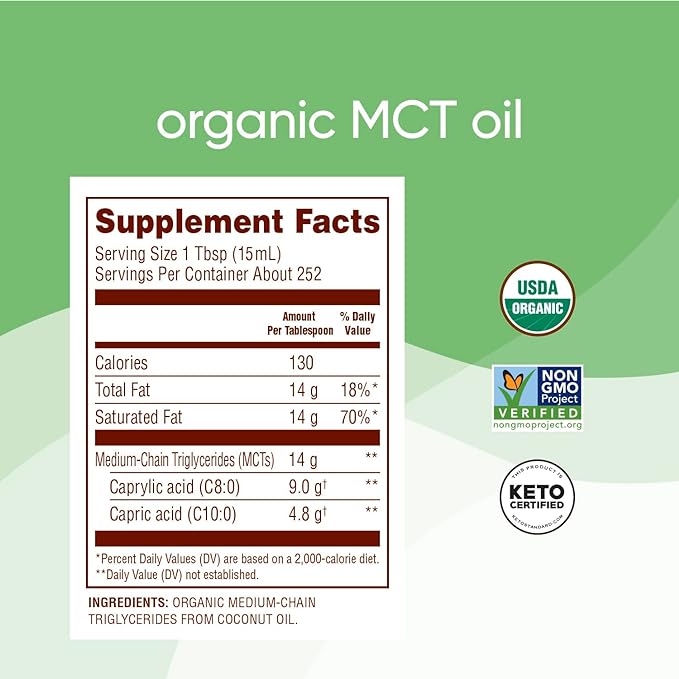 Nutiva Organic MCT Oil, 1 gallon, Unflavored for Coffee, Non-GMO made from Organic Coconuts, Keto Friendly, Best Oil Wellness Ketosis Supplement, 14g of C8 & C10 per serving