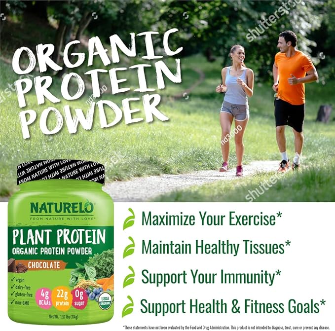 NATURELO Plant Protein Powder, Chocolate, 22g Protein 20 Servings