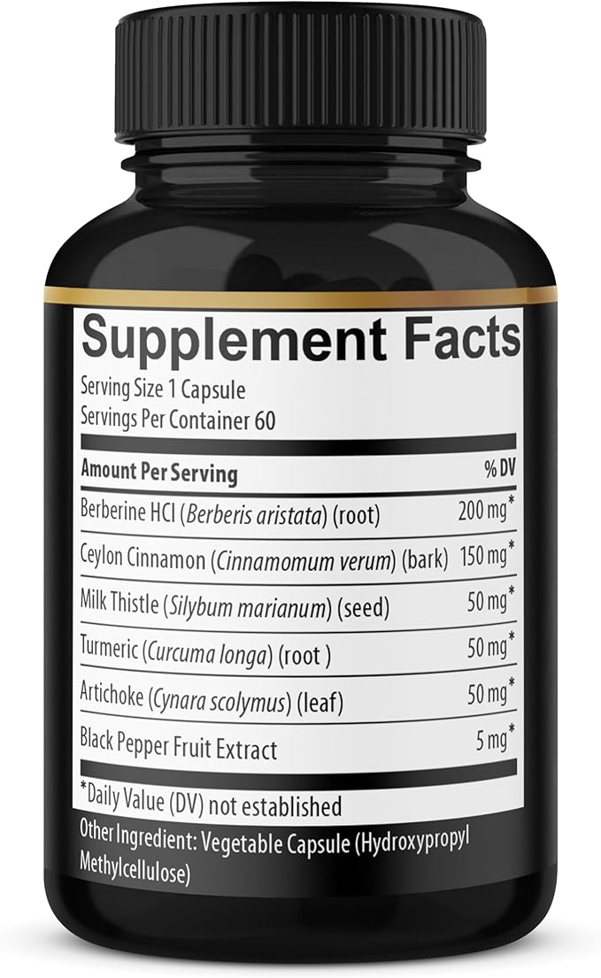 Berberine with Ceylon Cinnamon, Turmeric, Milk Thistle, Artichoke, Black Pepper - 60 Count - Pack of 1