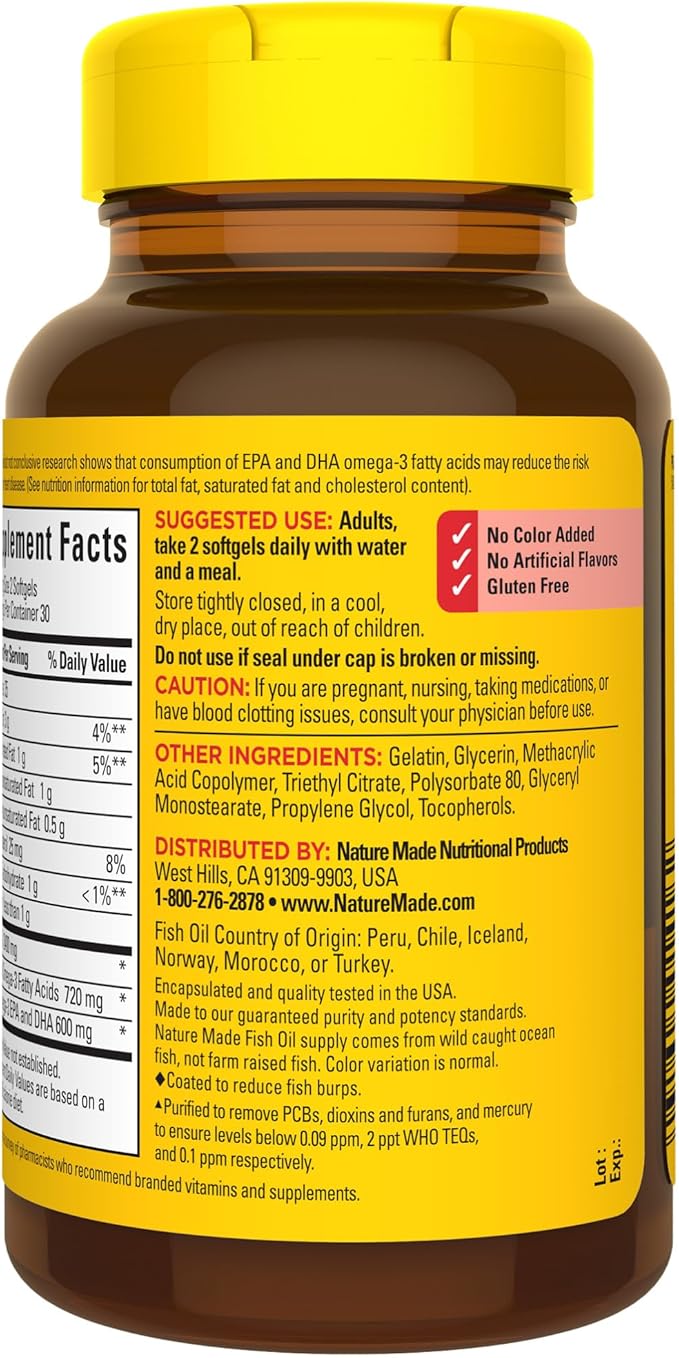 Nature Made Burp Less Fish Oil 1200 mg, 3 Fish 3 Supplement 60 Softgels, 30 Day