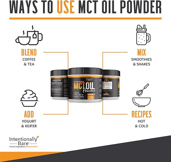 Intentionally Bare Organic MCT Oil Powder - Zero Net Carbs & No Grit MCT Powder for Body & Brain - Vegan MCT Creamer for Coffee, Tea, Shakes, Smoothies & Baking with 70% C8 & 30% C10 - Unflavored