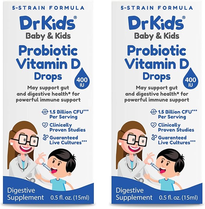 Dr. Kids Probiotic Vitamin D Drops - Supports Infant & Child Gut Health, Helps Reduce Gas, Colic & Fussiness, Baby Probiotic Drops with Vitamin D3, Pediatrician Recommended, Unflavored, 15ml (2 Pack)