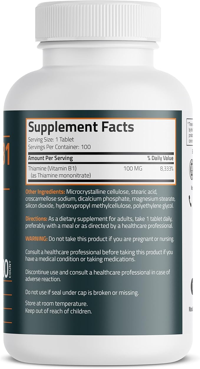 Bronson Vitamin B1 100 MG, Non-GMO, 100 Vegetarian Tablets