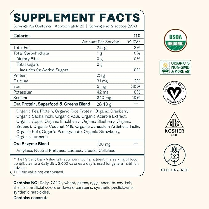 Ora Organic Vegan Protein Powder 23g Plant 20 Servings,