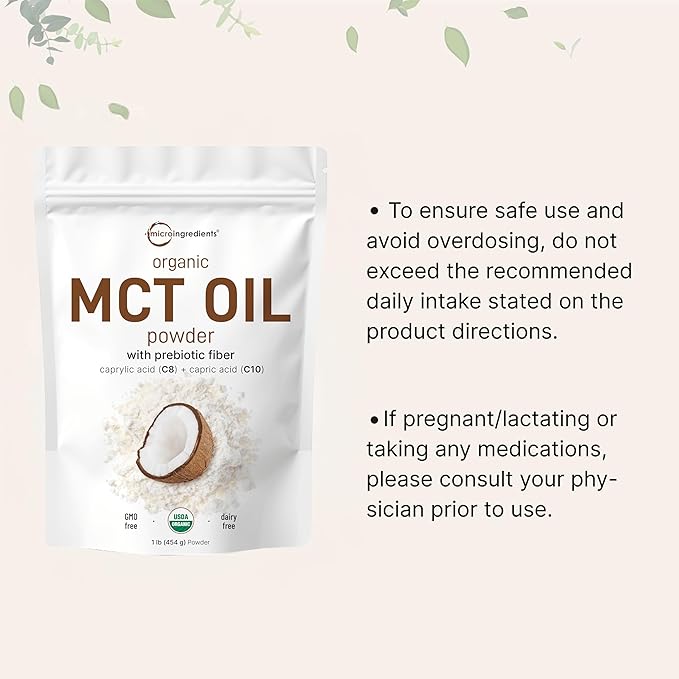 Organic MCT Oil Powder with Prebiotic Fiber,1 Pound(16 Ounce), Fast Fuel for Body and Brain, C8 MCT Oil for Coffee Creamer, No GMOs, Keto Diet, Vegan