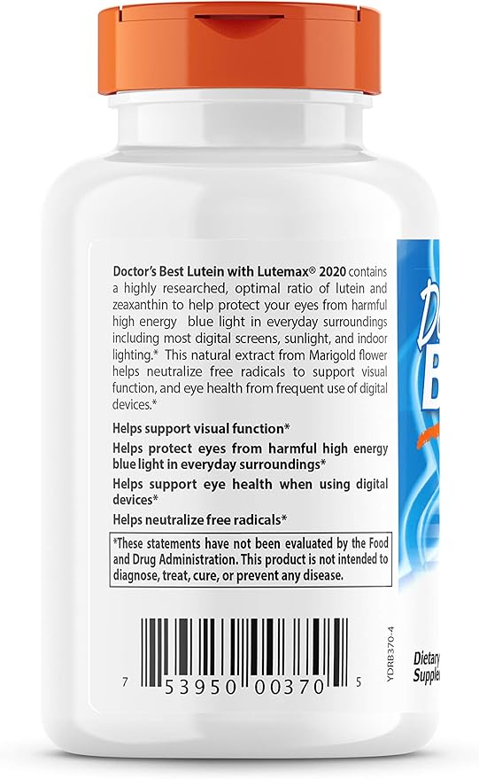 Doctor's Best Lutein Featuring Lutemax, Non-GMO, 20 mg, 180 Softgels