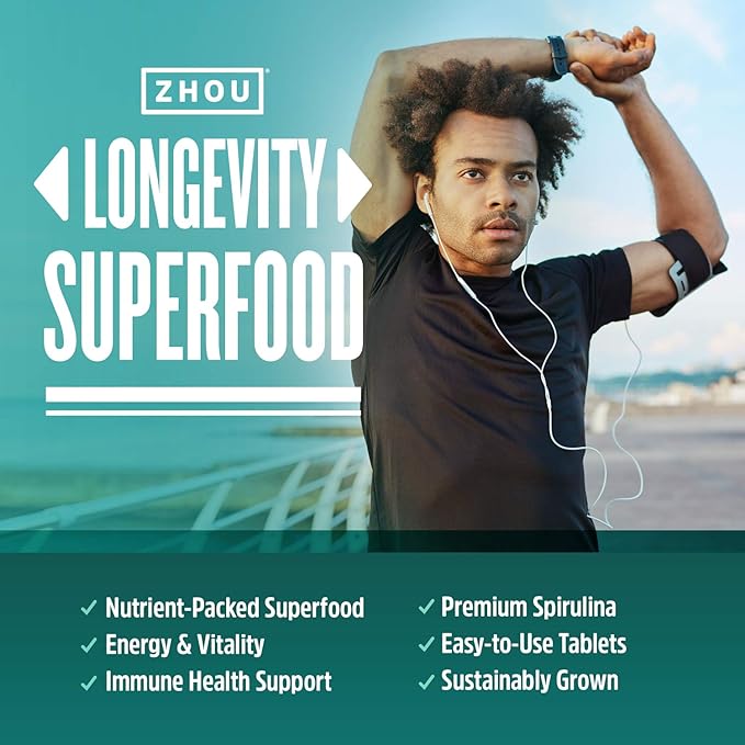 Zhou Nutrition Spirulina Tablets, Sustainably Grown 30 Servings, 180 Count