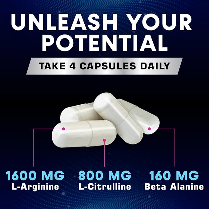 Extra Strength Nitric Oxide Supplement L Arginine 3X Strength - Citrulline Malate, AAKG, Beta Alanine - Premium Muscle Supporting Nitric Booster for Energy & Strength to Train Harder - 180 Capsules