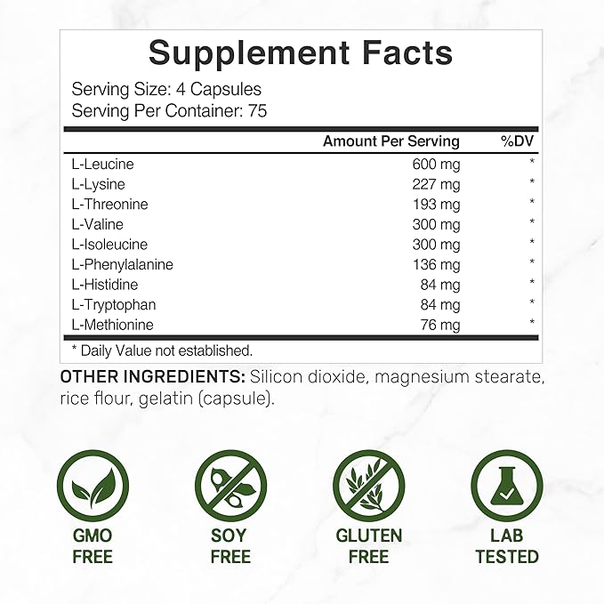 Essential Amino Acids (EAA) 2000mg Per Serving, 300 Capsules – Unflavored - 9 in 1, All BCAAs (Branched-Chain Aminos) – Lean Muscle Support & Natural Pre Workout Supplement