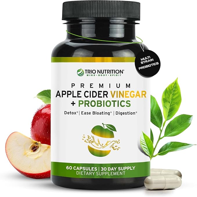 TRIO NUTRITION Apple Cider Vinegar Capsules with Multi-Strain Probiotics - Natural Sugar Free ACV Capsules with The Mother for Gut Health, Immunity, Body Cleanse & Healthy pH*