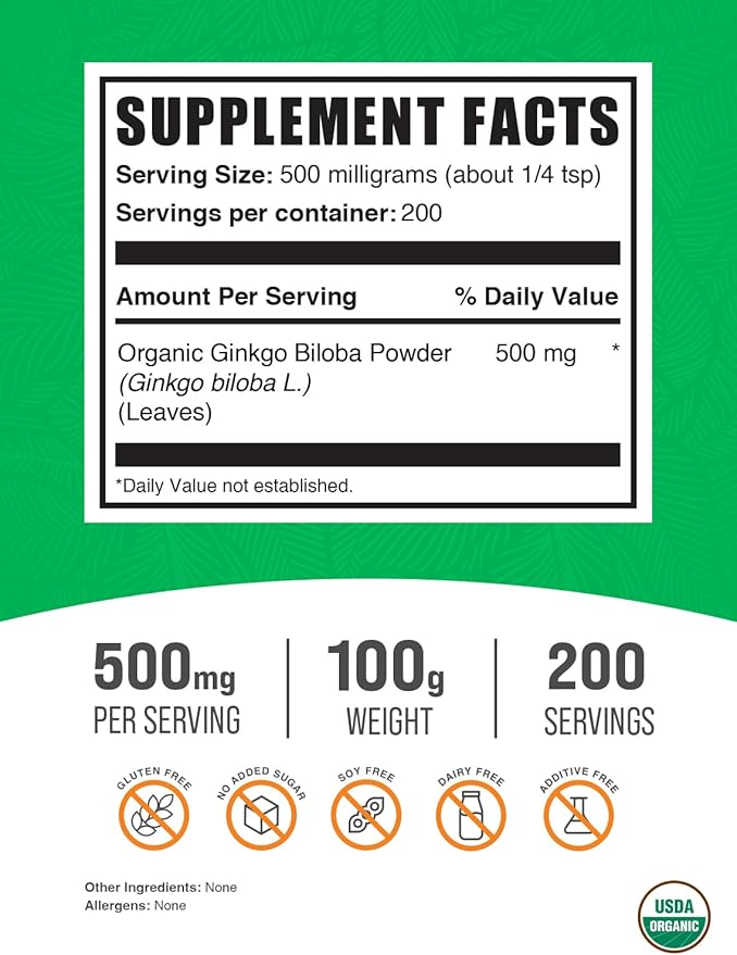 BulkSupplements.com Organic Ginkgo Biloba Powder 500mg per 100g (3.5 (3.5 oz) 1)