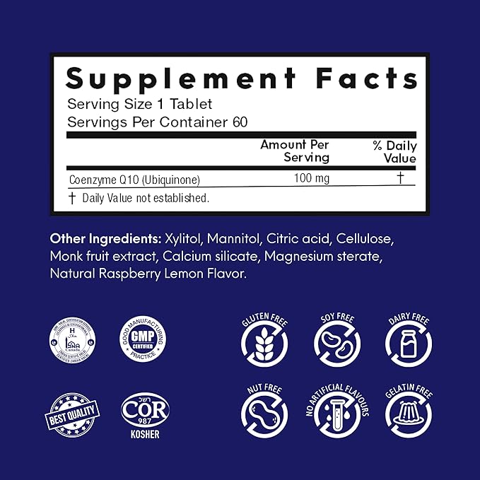 CoQ10 100 mg – Coenzyme Q10 Supports Heart Health, Enhances Energy Production Quick Dissolving Tablets for Enzyme Deficiency – Raspberry & Lemon Flavor (60 Tablets)