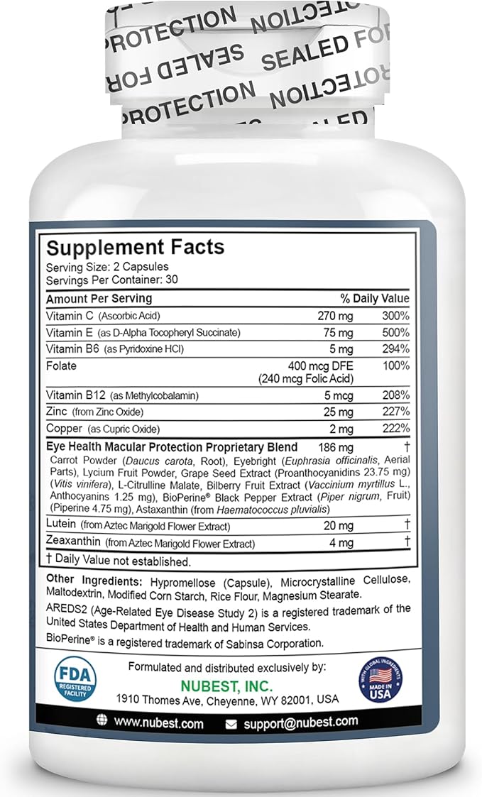 NuBest AREDS 2 Eye Vitamins Eye Health with Beta Carotene Carrot Powder, 20mg Lutein, 4mg Zeaxanthin, Bilberry, Grape Seed, BioPerine, B-Complex, Multivitamin for Eye Health - 60 Vegan Capsules