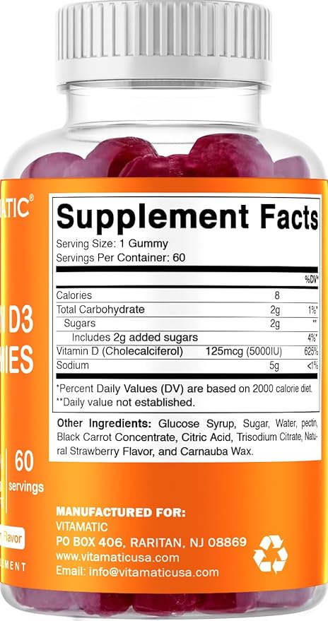 Vitamatic Vitamin D3 Gummies – 5000 IU Per Gummy – 60 Gummies