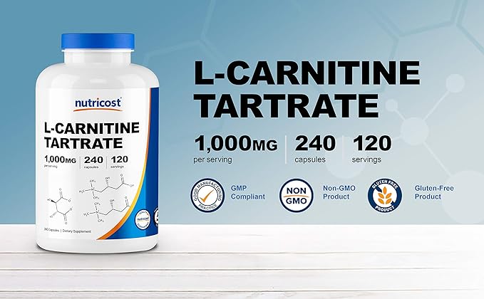 Nutricost L-Carnitine Tartrate 500mg, 240 Capsules - 1000mg Per Serving (3 Bottles)
