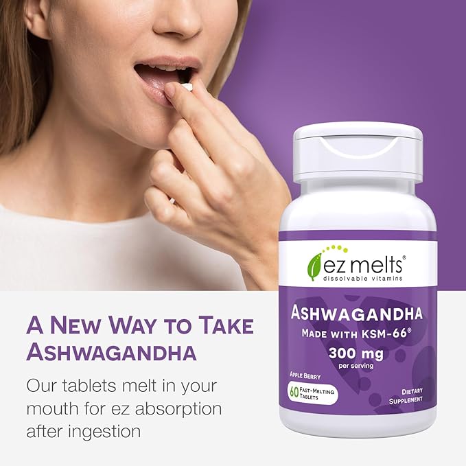 EZ Melts Dissolvable KSM-66 Ashwagandha®, 300 mg, Sugar-Free, Stress, Sleep and Mood Support Supplement, 30-Day Supply, Apple Berry-Flavor