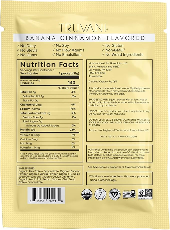 Truvani Vegan Pea Protein Powder 20g Organic 1 Serving