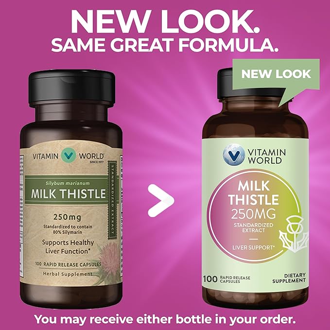 Vitamin World Milk Thistle (Silymarin) Standardized 250mg 100 100 Capsules,