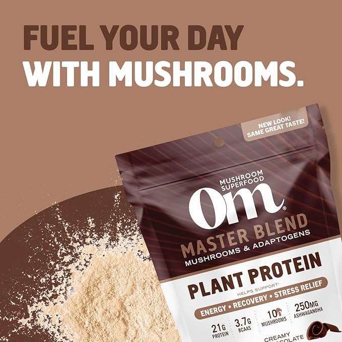 OM MUSHROOM SUPERFOOD Master Blend Plant-Based Protein Powder, 19.26 Ounce, 16 Servings, Creamy Chocolate Protein with 10 Mushroom Complex, Lions Mane, Adaptogens for Optimal Health and Recovery