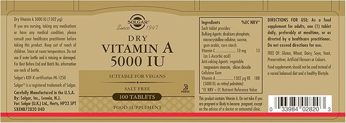 SOLGAR Dry Vitamin A 1500 mcg (5000 IU), 100 Tablets 100 Servings 2)