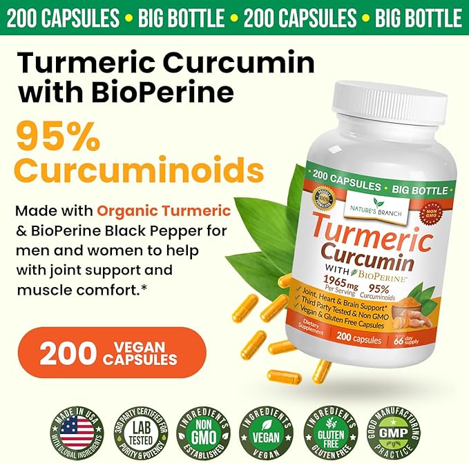 Turmeric Curcumin with Black Pepper - Organic Turmeric Powder - 200 Capsules - 1965mg Extra Strength, Joint Support Supplement - High Absorption, BioPerine Extract, High Potency, Vegan - Made in USA