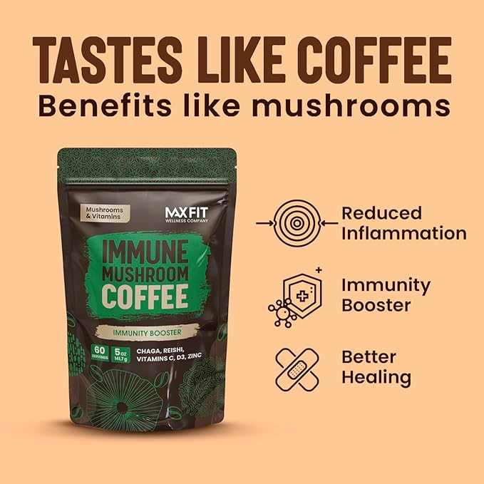 Immunity Mushroom Coffee Organic (60 Servings) Mental Focus Plus Wellness Boost for Immune System Support - Chaga, Reishi & Vitamins C, D3, and Zinc, Mixed with Gourmet 100% Arabica Instant Coffee