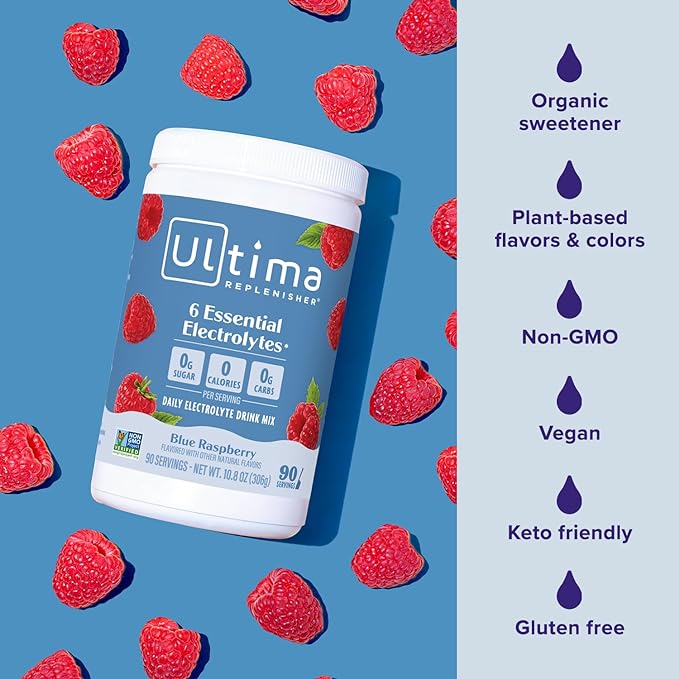 Ultima Replenisher Daily Electrolyte Powder Drink Mix – Blue Raspberry, 90 Servings – Hydration Powder with 6 Electrolytes and Minerals – Keto Friendly, Vegan, Non-GMO and Sugar-Free