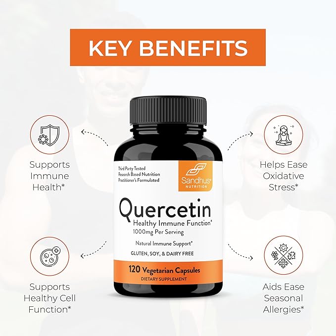 Sandhu's Quercetin Vegetarian Capsules Supplements 120 Count (Pack of 1) | Bioflavonoids for Immune Support & Respiratory Health, Seasonal Allergy Support | Quercitin for Men and Women
