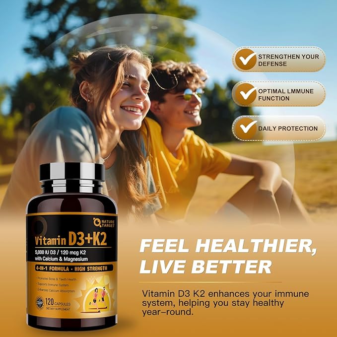 NATURE TARGET Vitamin D3 K2 with Calcium & Magnesium - Max Strength 4 in 1 Formula for Bone, Heart & Immune Support - Supplies 5000 IU Vitamin D3 & 120 mcg of Vitamin K2, 120 Count