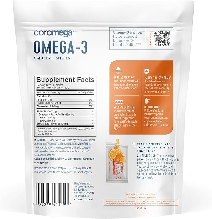 Coromega Omega 3 Fish Oil Supplement, 650mg of Omega-3s with 3X Better 120 Single