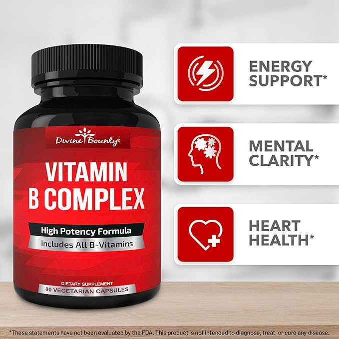 Divine Bounty Super B Complex Vitamins B12, B1, B1, B2, B2, B3, B3, B5, B5, B6, B6, B7, B7, B9, B9, Folic 90 Vegetarian