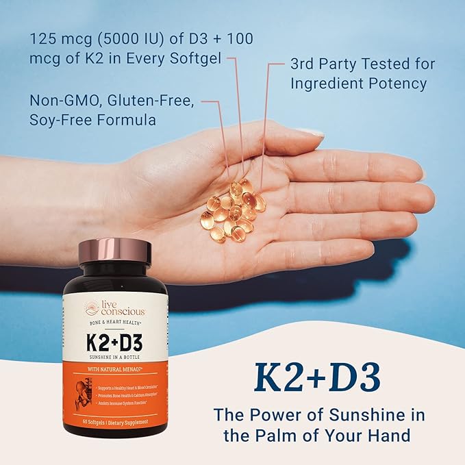 Live Conscious Vitamin K2 MK7 D3 Supplement D3 5000 5000 IU (2-Pack)