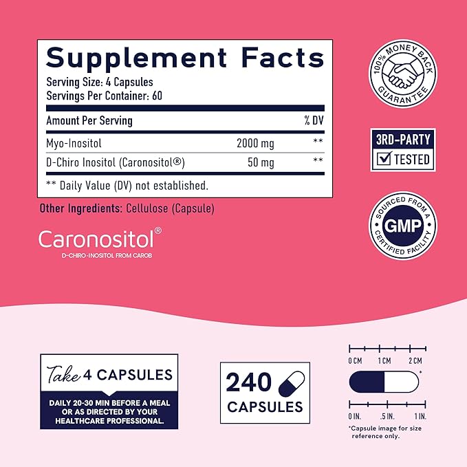 Myo-Inositol & D-Chiro Inositol for Hormone Balance for Women | Ideal 40:1 Ratio | Menstrual Cycle and Ovarian Health Support Supplement | Myo 2000mg & D Chiro 50mg with Vitamin B8 | 240 Count