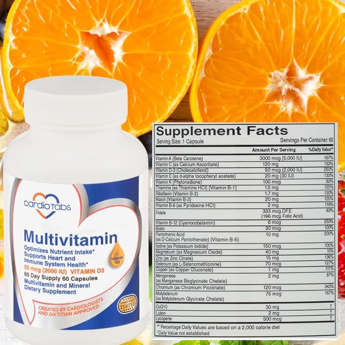 Multivitamin - Heart and Immunity Supplements 2000 IU D3, 60-Count 60-Count Bottle