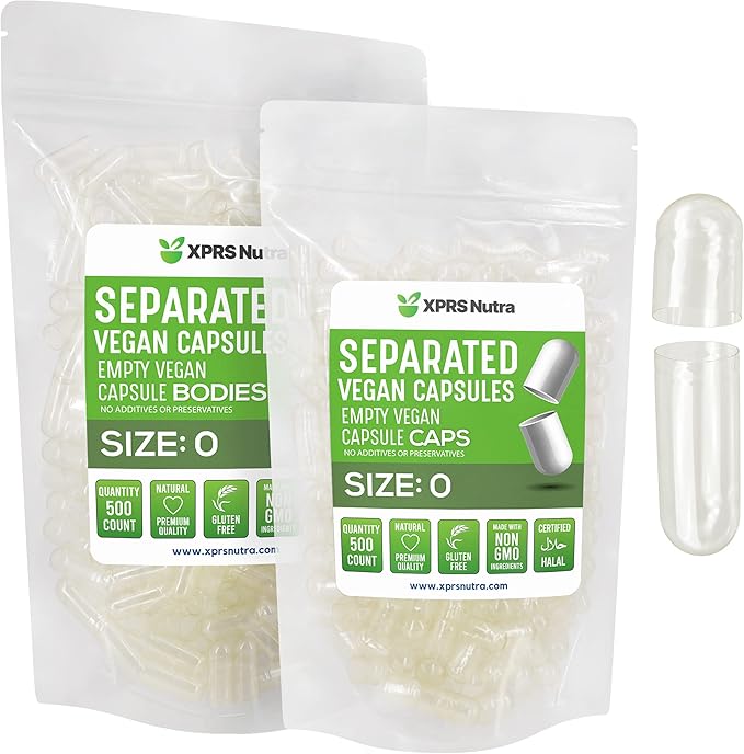 XPRS Nutra Vegan Size 0 Separated Capsules - 500 Count Premium Empty Capsules Separated in Bags - Clear Separated Empty 0 Capsules - Pill Capsules Empty for DIY Supplement Filling