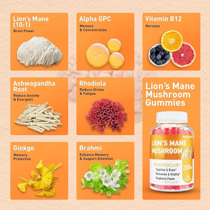 Lions Mane Gummies, Lions Mane Extract to 2500mg, Mushroom Gummies for Adults, Immune & Relaxation, with Lions Mane, Ashwagandha & B12, 420 Gummies