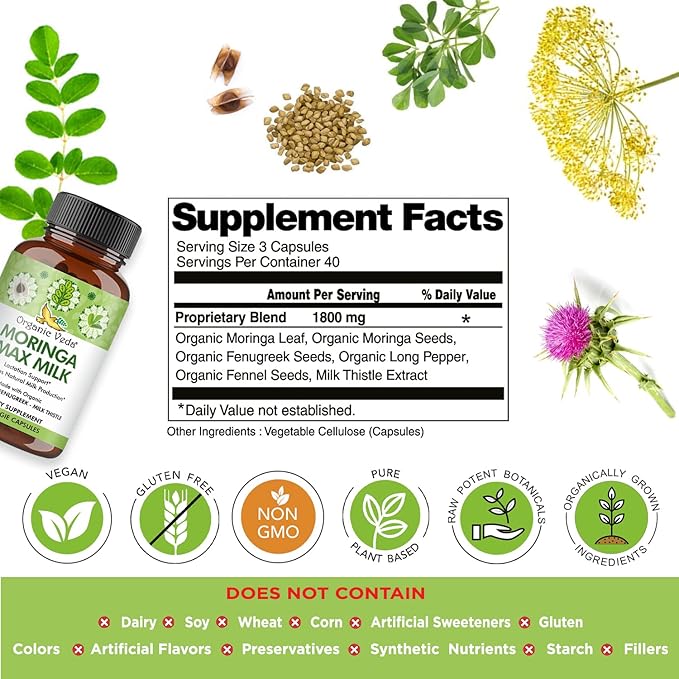 Organic Veda Moringa Max Milk Lactation Supplement 120 Count