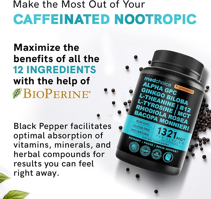 12-in-1 Nootropic Brain Supplement w/ Caffeine Anhydrous: Ginkgo Biloba for Brain Support, Memory & Focus - B12, Alpha GPC, L Theanine & Choline Supplements with Bioperine with 1321mg, 60ct (2 Pack)