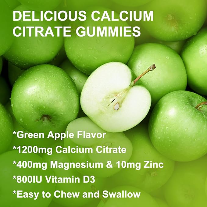 Calcium Citrate 1200mg with Vitamin D3 Supplement for Women and Men - Chewable Calcium Magnesium Zinc D3 K2 Gummies Supplement for Bone, Teeth, Immune Support, Apple Flavor - 60 Gummies
