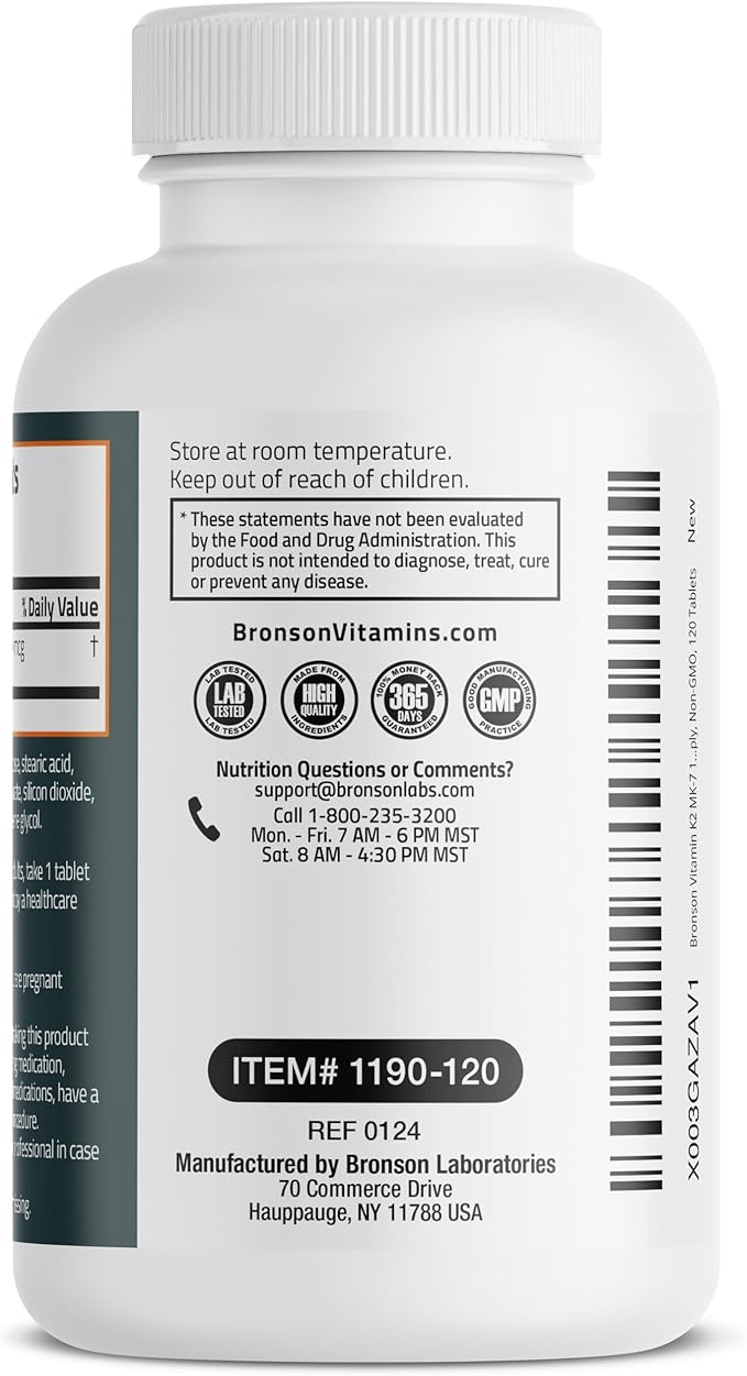 Bronson Vitamin K2 MK-7 100 MCG, K2 as MK7 Menaquinone, 120 Tablets