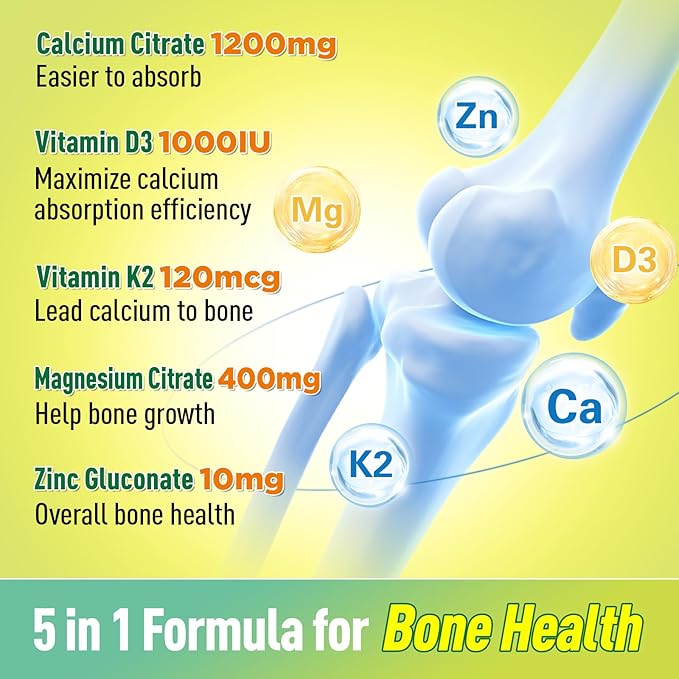 Calcium Citrate Gummies 1200 mg for Kids & Adults, Sugar Free, with Vitamin D3, K2, Magnesium, Zinc, Bone Support for Women & Elders, Natural Pineapple Flavor, 120 Gummies