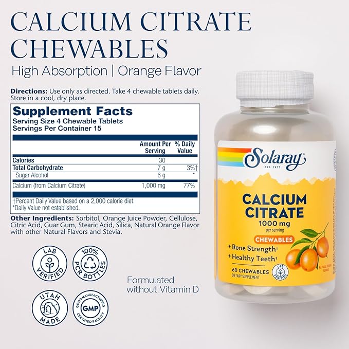Solaray Calcium Citrate 1000 mg, Natural 60-Day Guarantee, 15 Servings, 60 Chewables