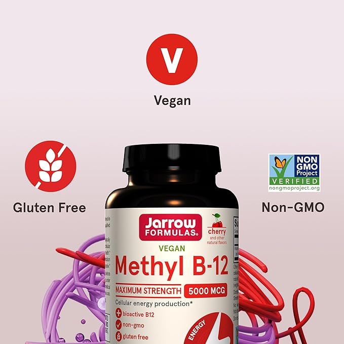 Jarrow Formulas Maximum Strength Methyl B-12 5000 mcg, Dietary Supplement for Cellular Energy Production and Brain Health Support, 60 Cherry-Flavored Chewable Tablets, 60 Day Supply