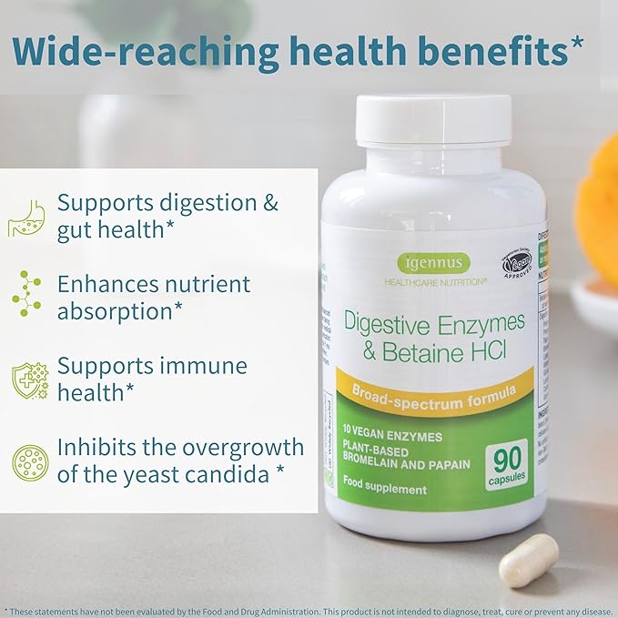 Advanced Digestive Enzymes & Betaine HCl, with Protease, Broad Spectrum, Lipase & Lactase, Plant-Based Vegan Papain & Bromelain, Clean Label, 90 Capsules, by Igennus