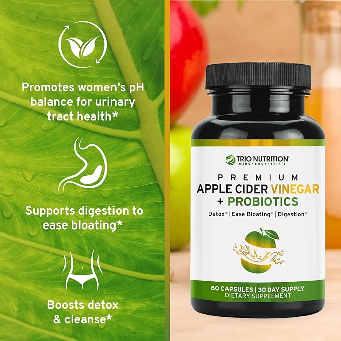 TRIO NUTRITION Apple Cider Vinegar Capsules with Multi-Strain Probiotics - Natural Sugar Free ACV Capsules with The Mother for Gut Health, Immunity, Body Cleanse & Healthy pH*