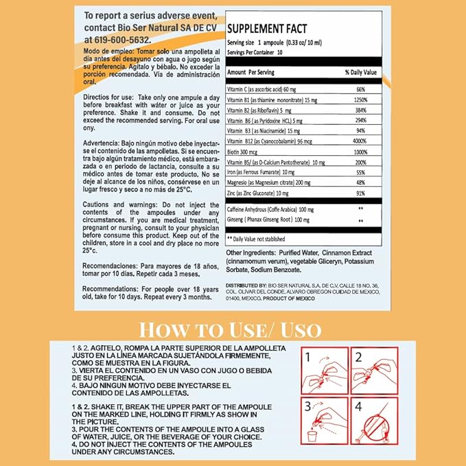 B Complex, Complejo B 1000 Shot | Multi-Vitamins, Caffeine, and Ginseng | Box with 10 Ampoules of 10ml | Energy, Cognitive Function, and Metabolic Health Boost.
