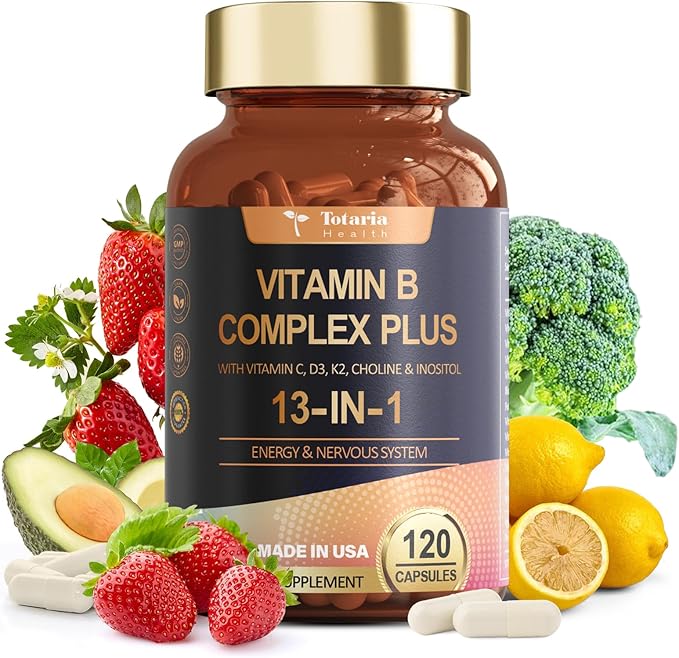 13-in-1 Vitamin B Complex Plus B1, B2, B2, B3 B3 (Niacinamide), B4, B5, B5, B6, B6, B7 B7 (Biotin), B8 (Inositol), B9 (Folate), B12, C, D3, K2 K2 - 120 Vegan