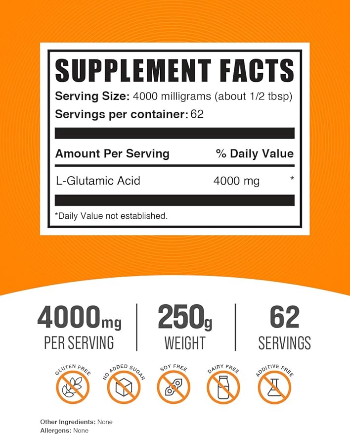 BulkSupplements.com L-Glutamic Acid Powder - Glutamate Supplement, Amino Acid Supplement - for Gut Health, Gluten Free, 4000mg per Serving, 250g (8.8 oz) (Pack of 1)