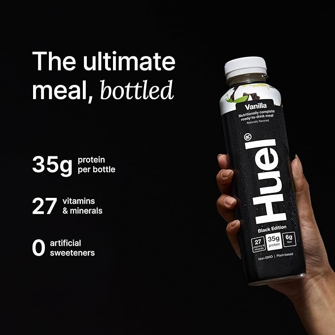 Huel Black Edition Ready-to-Drink, Vanilla Meal Replacement Drink, 35g High Protein, 27 Vitamins and Minerals, Vegan, Gluten Free, Plant Based, High Fiber, Low Sugar, 16.9 Fl Oz (12 Pack)