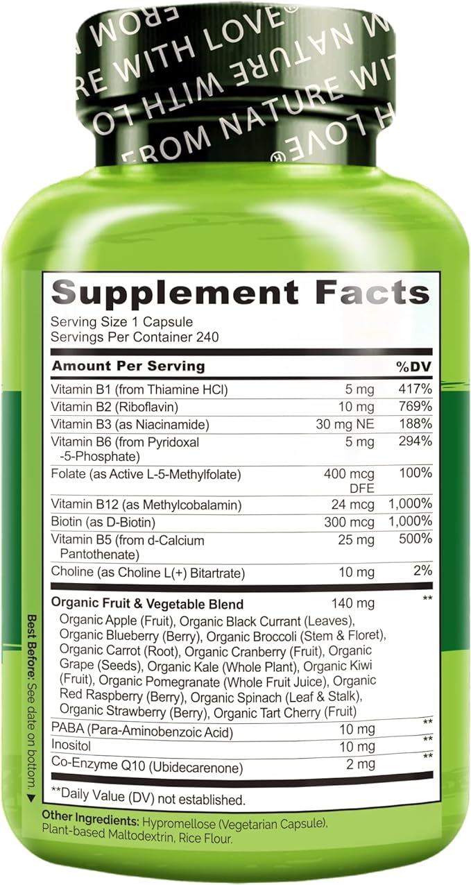 NATURELO B Complex B6, Folate, B12, Biotin 240 Capsules